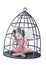 Cartoon character cute unhappy girl elf sitting in an iron cage
