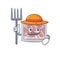Cartoon character design of frozen smoked bacon as a Farmer with hat and pitchfork