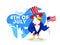 Cartoon character of eagle wearing uncle sam hat holding American Flag on the occasion of Happy 4th Of July.