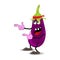 Cartoon character. Eggplant with a pink fitness headband makes an approving gesture with both hands.