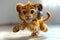 A cartoon character in the form of a cheerful jumping lion cub wearing headphones indoors. 3d illustration