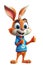 cartoon character funny bunny rabbit points finger at white isolated background. Generative AI illustration