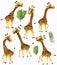 Cartoon character Giraffe from different angles. Cute Africa animals and tropical leaf. Vector illustration