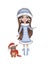 Cartoon character of a girl in a Christmas costume with her friend little deer.