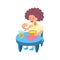 Cartoon Character Girl Eats Breakfast Cute Little Kid Concept. Vector