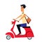 A cartoon character girl with a short hairstyle rides a small red scooter