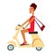 A cartoon character girl in a short red dress rides a small scooter