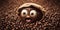 Cartoon character with glasses sticking head out of coffee bean pile