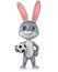 Cartoon character gray rabbit by a soccer ball on a white background. 3d rendering. Illustration for advertising
