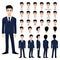 Cartoon character with handsome business man in suit for animation. Front, side, back, 3-4 view character. Separate parts of body