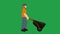 Cartoon character handyman comes with a wheelbarrow. Bearded farmer with a cart on a green background. Caucasian man 2D anima