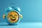 cartoon character happy alarm clock on blue isolated background