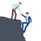 Cartoon character illustration of business friend helping each other. Business man giving hand to climb from problem. Flat design