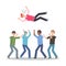 Cartoon character illustration of celebration pose and gesture. Happy group of young man are throwing person in the air. Flat