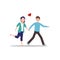 Cartoon character illustration of happy couple and lover. Boyfriend and girlfriend running together. Flat design of man hold the