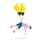 Cartoon character illustration of man thought. Flat design of young man flying with light bulbs balloon isolated on white