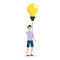 Cartoon character illustration of man thought. Flat design of young man holding light bulbs balloon isolated on white background