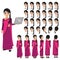 Cartoon character with Indian business woman in sari dress for animation. Front, side, back, 3-4 view character. Separate parts of