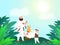 Cartoon character of Islamic father giving sheep to his son on outdoor sky view background. Eid-Al-Adha Mubarak poster or banner
