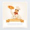 Cartoon character of italian pizzaiolo holding hot pizza