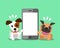 Cartoon character jack russell terrier dog and pug dog with smartphone