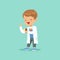 Cartoon character of little baby boy in white coat standing with index thumb up and holding medicine bottle. Flat design