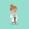 Cartoon character of little baby girl in medical white coat with clipboard in hand and stethoscope around her neck