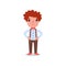 Cartoon character of little boy with red hair and freckles. Kid wearing fashion clothes brown pants with suspenders