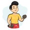 Cartoon character muscular guy athlete with dumbbells in hands playing sports, fitness drawing. Cute man in tracksuit training and