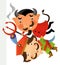 Cartoon character - nobleman flying carried by a devil - isolated