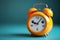 cartoon character orange alarm clock on blue isolated background