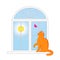 Cartoon character orange British cat on on the windowsill in the summer. Red British male cat with pink butterfly.