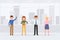 Cartoon character people standing front view in business office interior vector. Coworkers waving, thumbs up, talking on phone