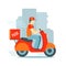 Cartoon Character Person Delivery Man by Scooter. Vector