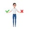 Cartoon Character Person Man with Red Cross and Green Check Mark, Confirm or Deny, Yes or No Icon Sign. 3d Rendering