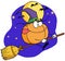 Cartoon character pumkin riding a broom