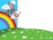 Cartoon character rabbit peeking behind blank poster on spring n