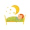 Cartoon character of red-haired boy sleeping in bed under warm blanket. Big yellow moon and little stars. Bedtime