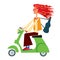 Cartoon character red-haired girl violinist rides on a small green scooter