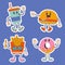 Cartoon character retro sticker drink, burger, donut, French fries, fast food 70s. In trendy groovy hippie retro style