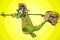 Cartoon character running cheerful crocodile in a hat with a backpack