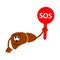 Cartoon character of sad and unhappy liver holding plate with word SOS. Liver diseases.