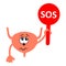 Cartoon character of sad and unhappy urinary bladder holding plate with word SOS. Urinary bladder diseases.