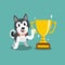 Cartoon character siberian husky dog with gold trophy cup award