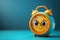 cartoon character smiling alarm clock on blue isolated background