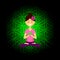 Cartoon character smiling woman is sitting in lotus position with namaste hands. Anahata chakra activation.