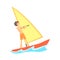 Cartoon character of smiling young man windsurfing