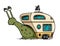 cartoon character snail carries his camper trailer motorhome