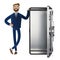 A cartoon character stands with a phone in the form of a safe. Mobile bank.