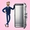 A cartoon character stands with a phone in the form of a safe. Mobile bank.